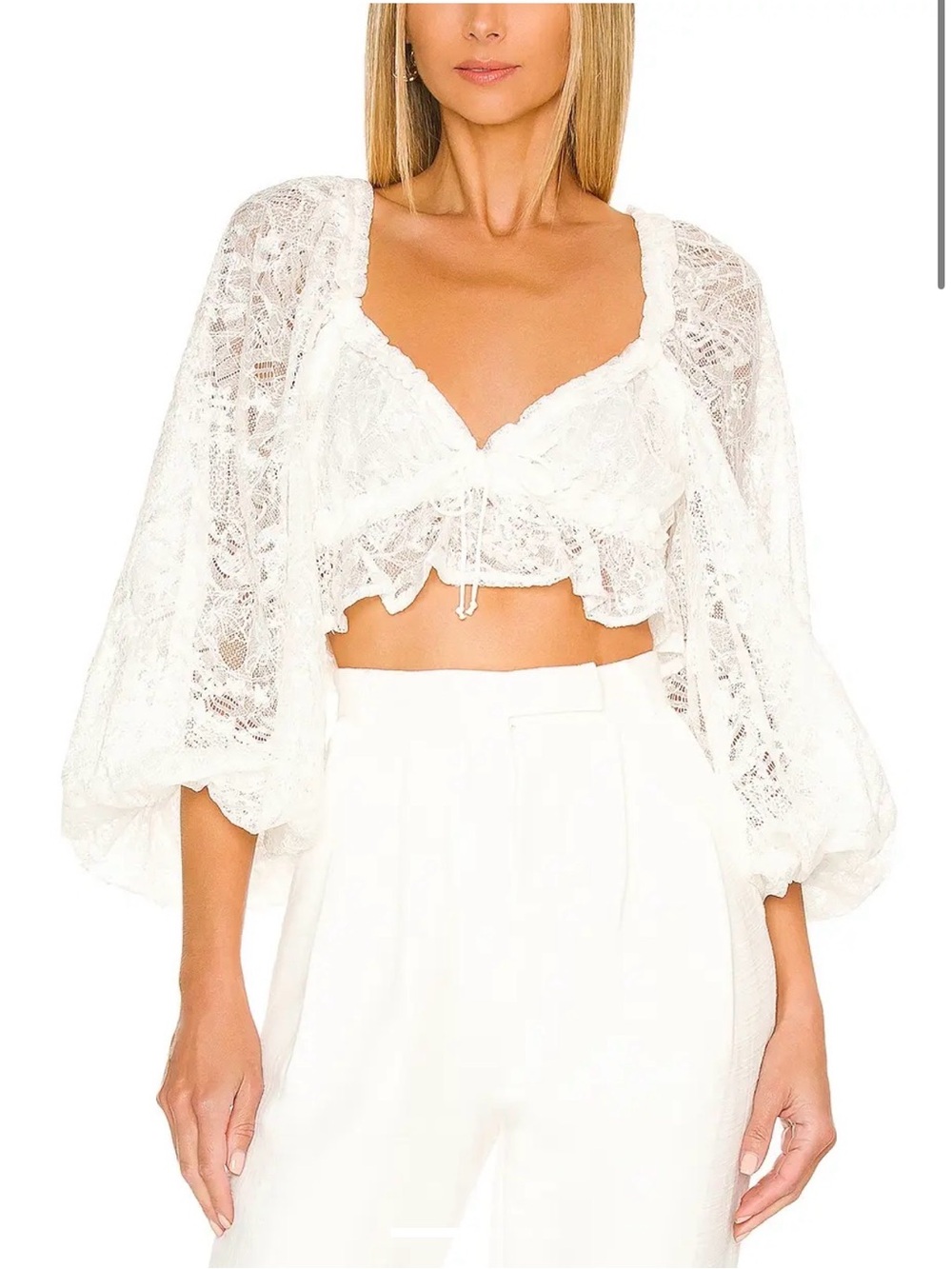 For Love & Lemons Madeline Blouson Sleeves in White Lace
